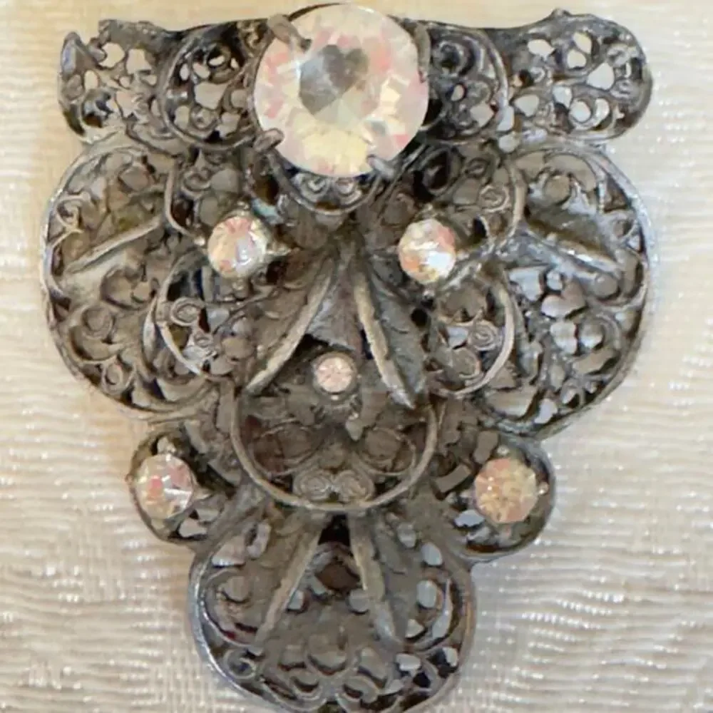 Vintage Art Nouveau Rhinestone Pot Metal Filigree and Flowers Dress Clip 1940s